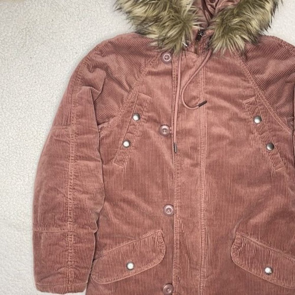 American Eagle Blush Pink Corduroy Faux Fur Hood Parka Jacket: Size XXS - Picture 6 of 13